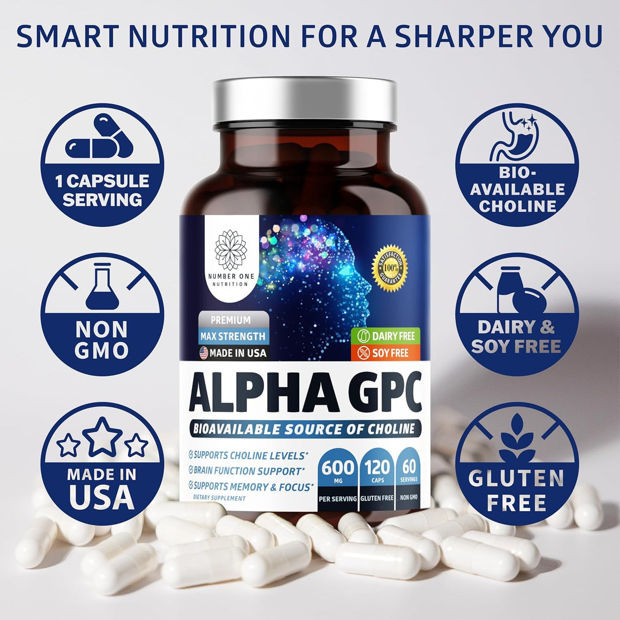 Suplemento de GPC Alpha Premium Number One Nutrition 600mg 120 caps