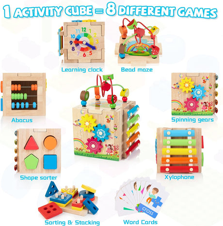 Cubo de Actividades de Madera Bravmate, 8 en 1, para 18M+