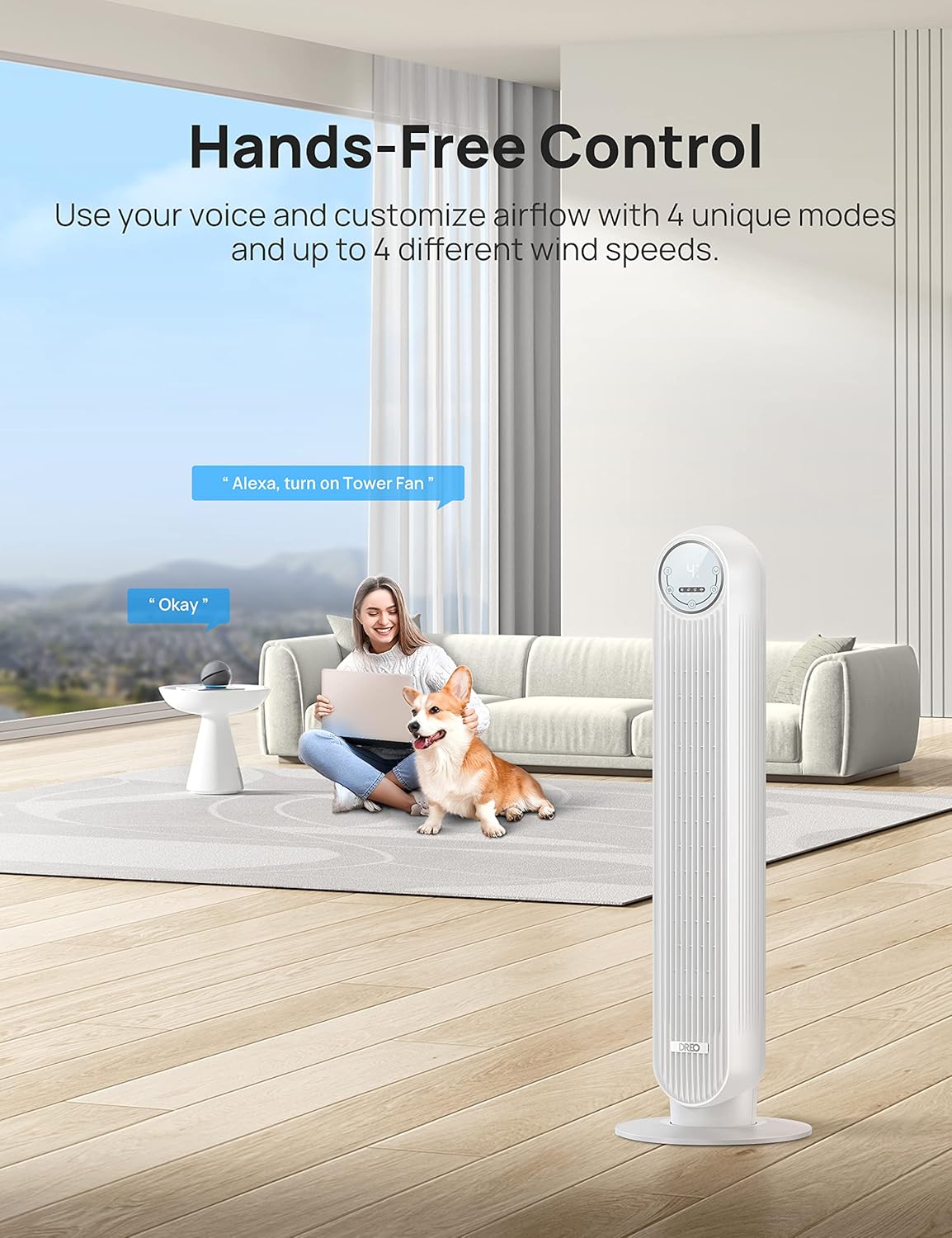 Ventilador Dreo 25ft/s, Oscilante, 4 Modos, Silencioso, Bladeless