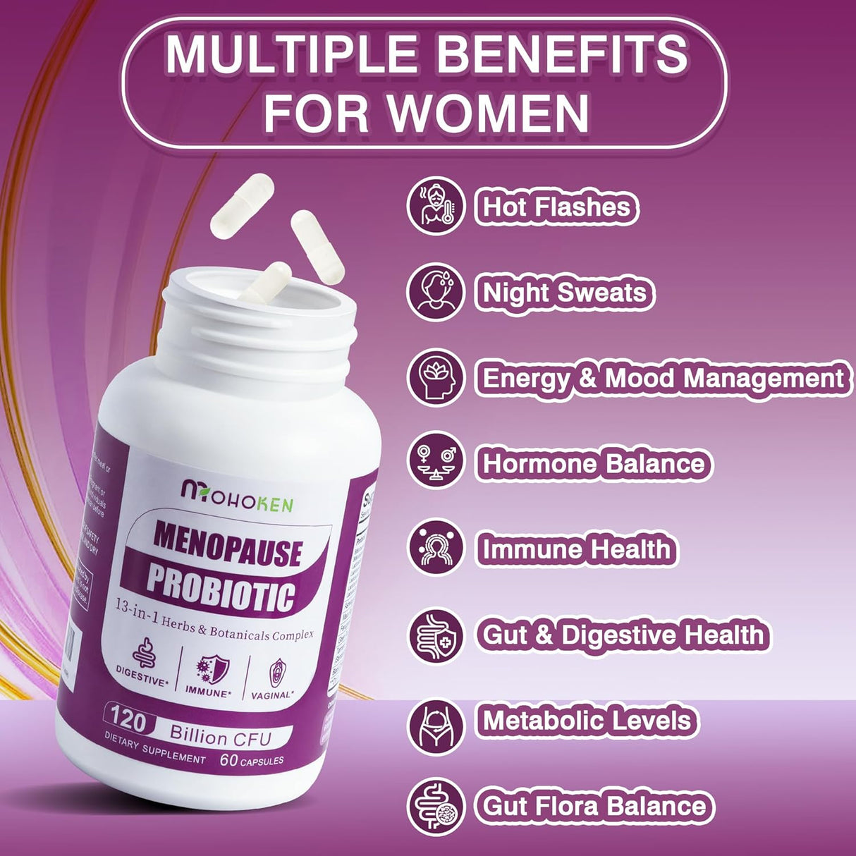 Suplemento Menopausia Mujer, 120B CFU, 13-herbas, 60 cápsulas