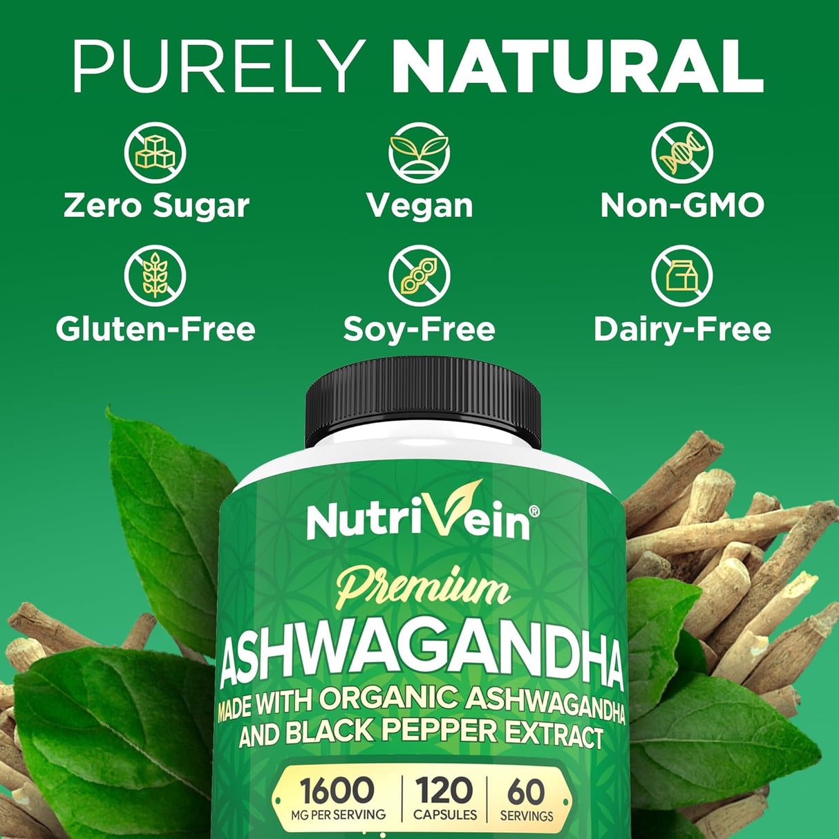 Nutrivein Cápsulas de Ashwagandha 1600mg con Pimienta Negra