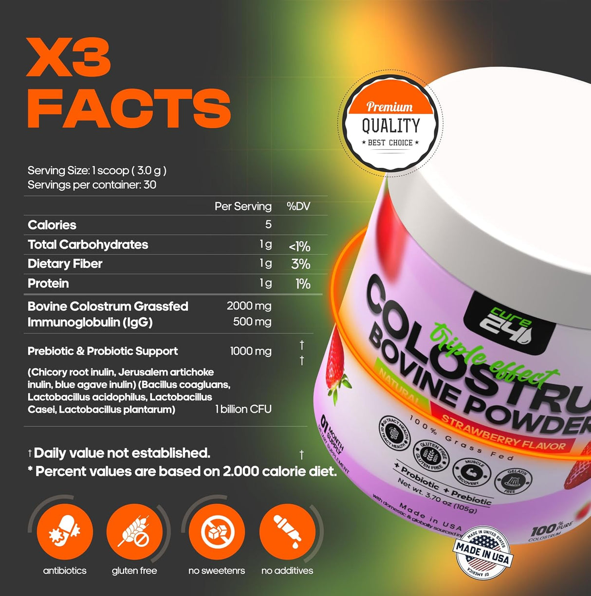 Suplemento de Colostro Bovina X3, 100% Natural, Alta IgG
