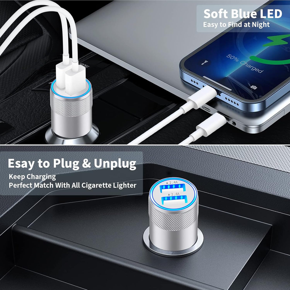 Cargador de coche Rombica 4.8A USB con cables para iPhone 14/13