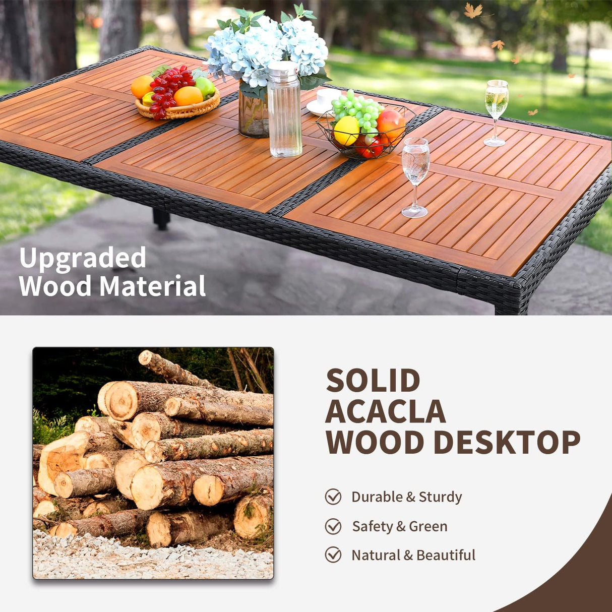 Flamaker Juego de comedor de 9 piezas para patio, mesa y sillas de madera de acacia al aire libre con cojines suaves, muebles de patio de mimbre para terraza, patio trasero, jardín