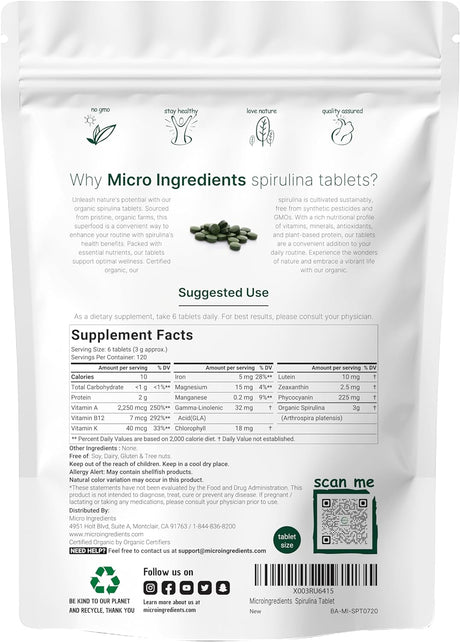 Suplemento orgánico de espirulina, 3000 mg por porción  720u
