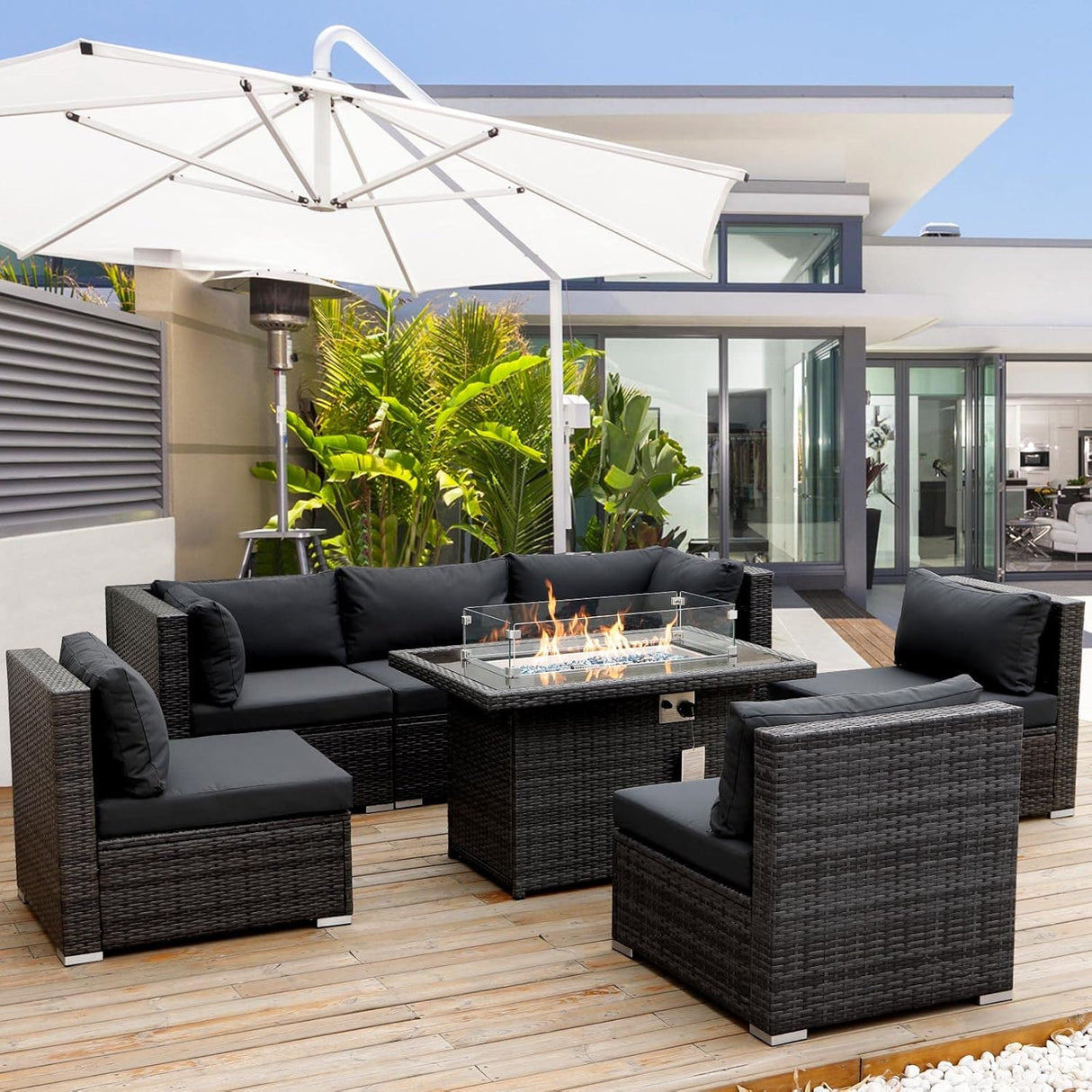 RADIATA Juego de muebles de mimbre de polietileno para patio, sofá seccional de respaldo alto, juegos de sofá de gran tamaño con mesa para fogata de propano, 55000 BTU, juegos de conversación de ratán para exteriores (7 piezas, gris oscuro)