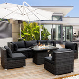RADIATA Juego de muebles de mimbre de polietileno para patio, sofá seccional de respaldo alto, juegos de sofá de gran tamaño con mesa para fogata de propano, 55000 BTU, juegos de conversación de ratán para exteriores (7 piezas, gris oscuro)