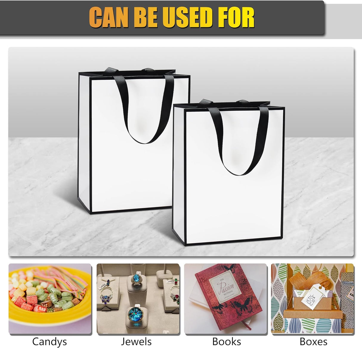 YUEYANG Bolsas de regalo medianas en blanco y negro, paquete de 10 bolsas de regalo de 8 x 4.25 x 10.5 pulgadas con asas de cinta para bodas, cumpleaños, vacaciones, venta al por menor, tienda,