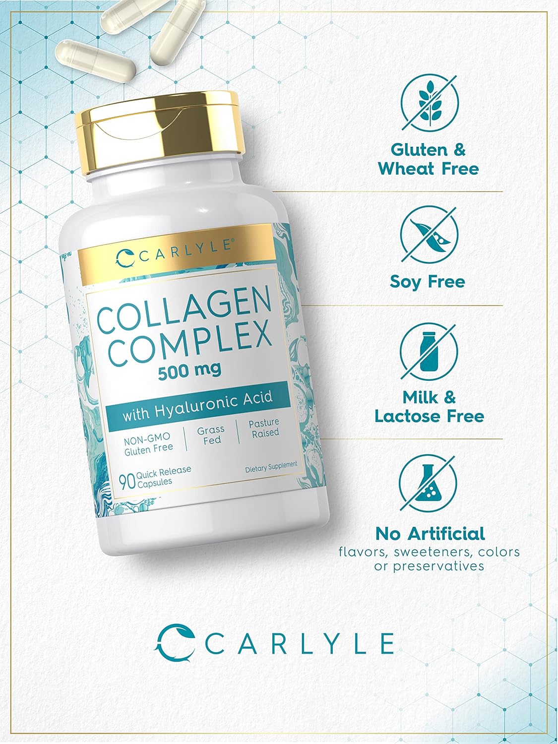 Suplemento de colágeno con ácido hialurónico 500 mg  90 cáp