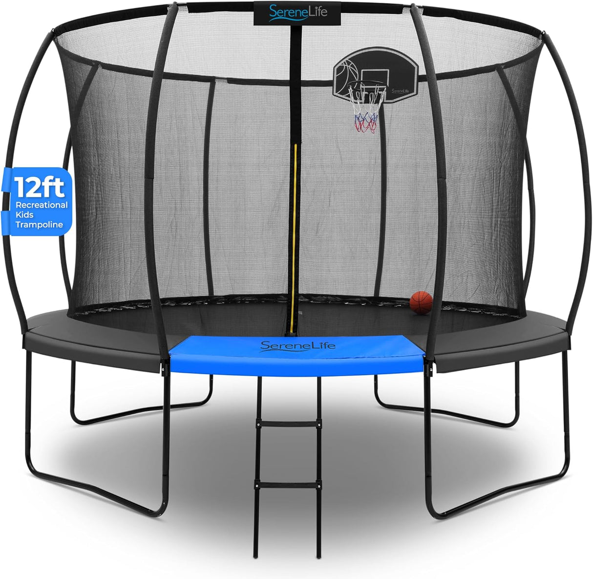 Trampolín SereneLife 8FT-14FT con red, escalera y aro de baloncesto