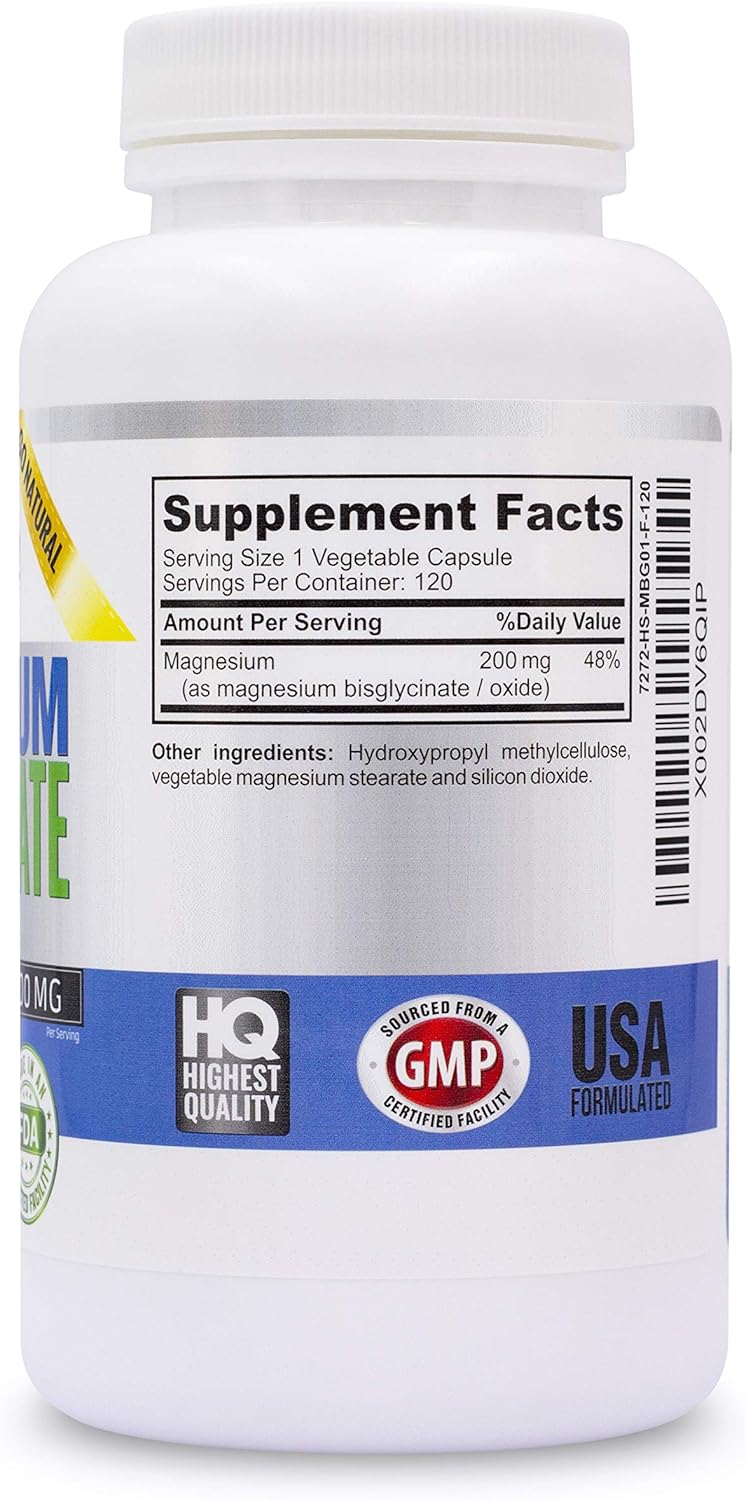 Magnesium Bisglycinato 200mg Chelado, Sin Laxantes, GMO