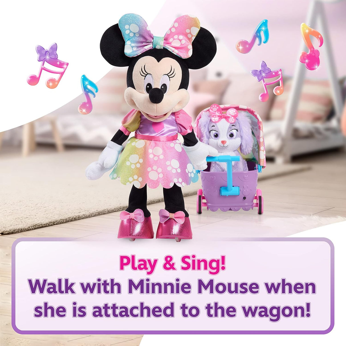 Peluche de minnie mouse con carriola y perrito