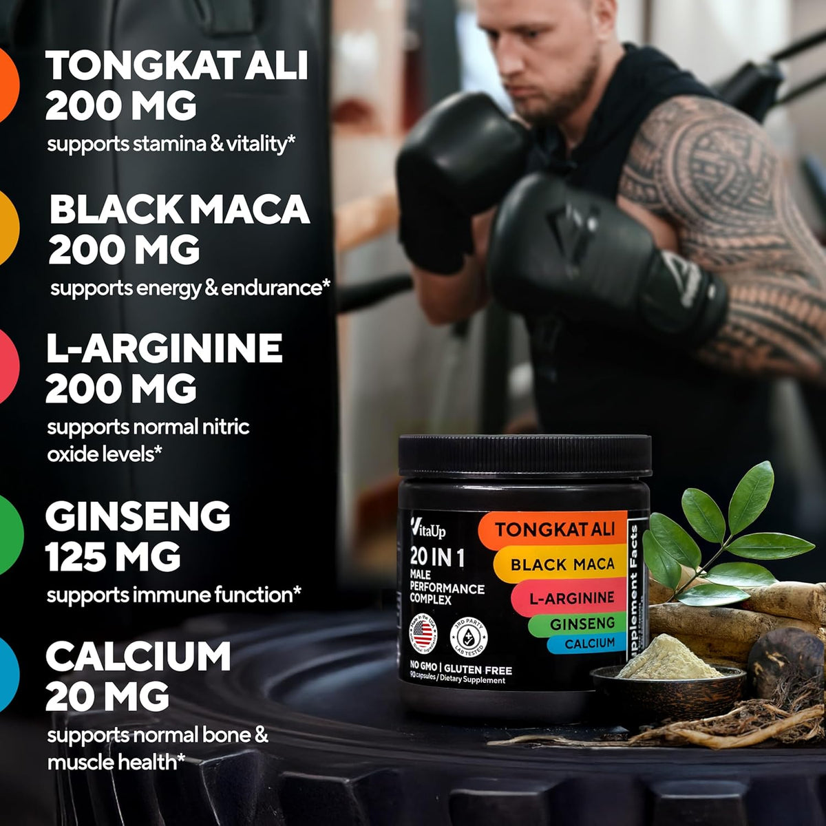 Suplemento para hombres Tongkat Ali 20 en 1 con Astrágalo Marca 90 cápsulas