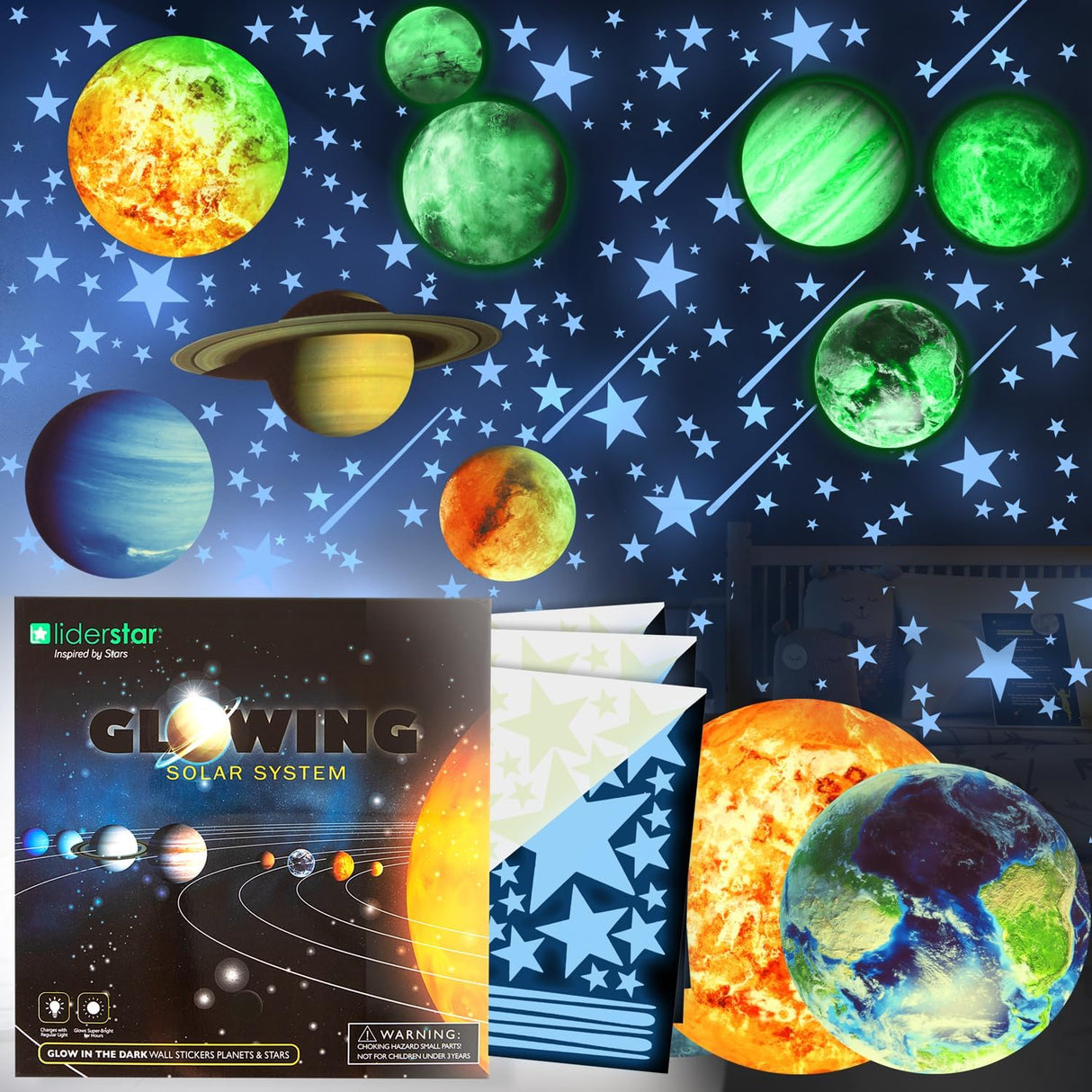 Estrellas y Planetas Brillantes, Stickers de Pared, Decoración Infantil