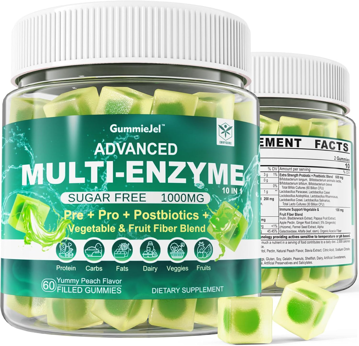 Suplemento Gomitas de enzimas digestivas sin azúcar, 1000 mg