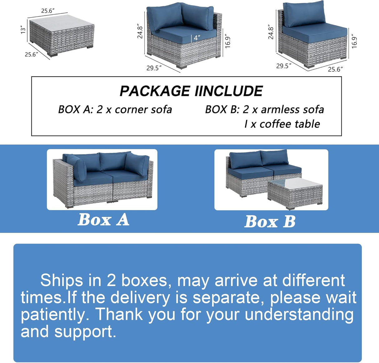 Shintenchi Sofá modular de 5 piezas para patio al aire libre, juegos de muebles de mimbre de polietileno gris plateado con cojines lavables y mesa auxiliar de cristal para jardín, piscina, patio trasero (azul egeo)
