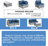 Shintenchi Sofá modular de 5 piezas para patio al aire libre, juegos de muebles de mimbre de polietileno gris plateado con cojines lavables y mesa auxiliar de cristal para jardín, piscina, patio trasero (azul egeo)