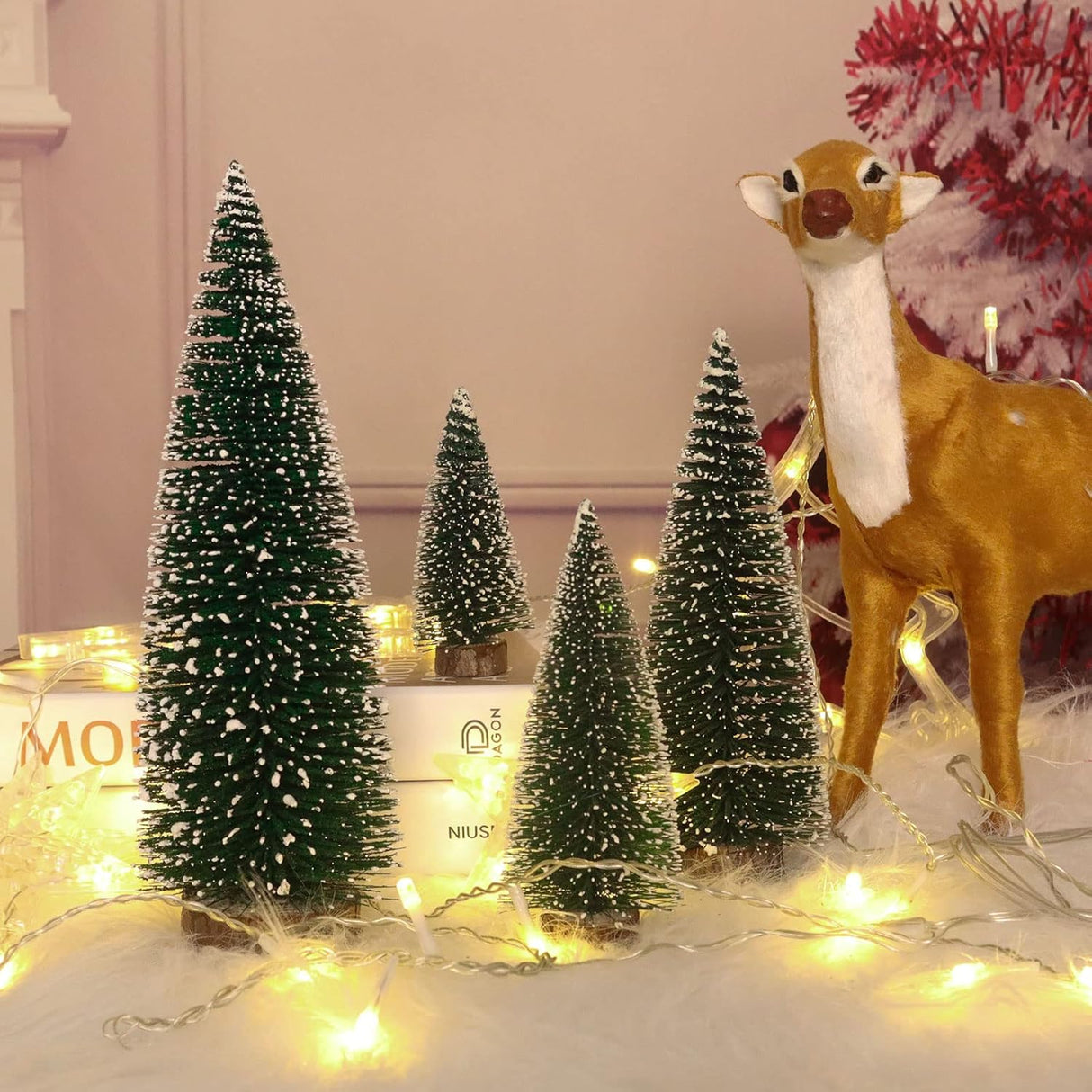 Mini Árbol de Navidad, Base de Madera, 4 Piezas, Decoración