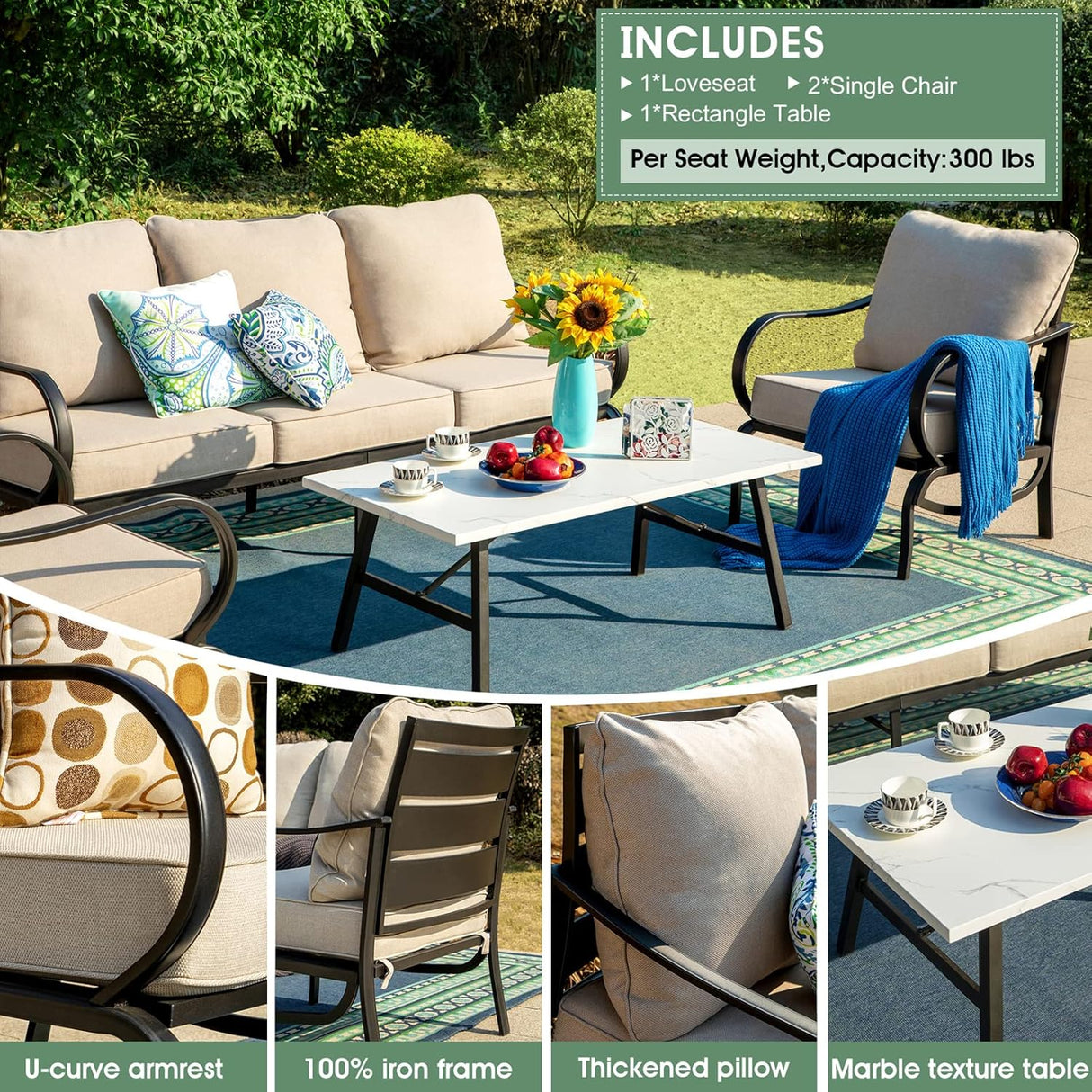 MFSTUDIO Juego de 6 piezas de conversación de patio (7 asientos), sofás de muebles de metal para exteriores con 1 sofá de 3 asientos, 2 sillas individuales, 2 otomanas y 1 mesa auxiliar, marco de hierro forjado con cojín beige