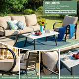 MFSTUDIO Juego de 6 piezas de conversación de patio (7 asientos), sofás de muebles de metal para exteriores con 1 sofá de 3 asientos, 2 sillas individuales, 2 otomanas y 1 mesa auxiliar, marco de hierro forjado con cojín beige