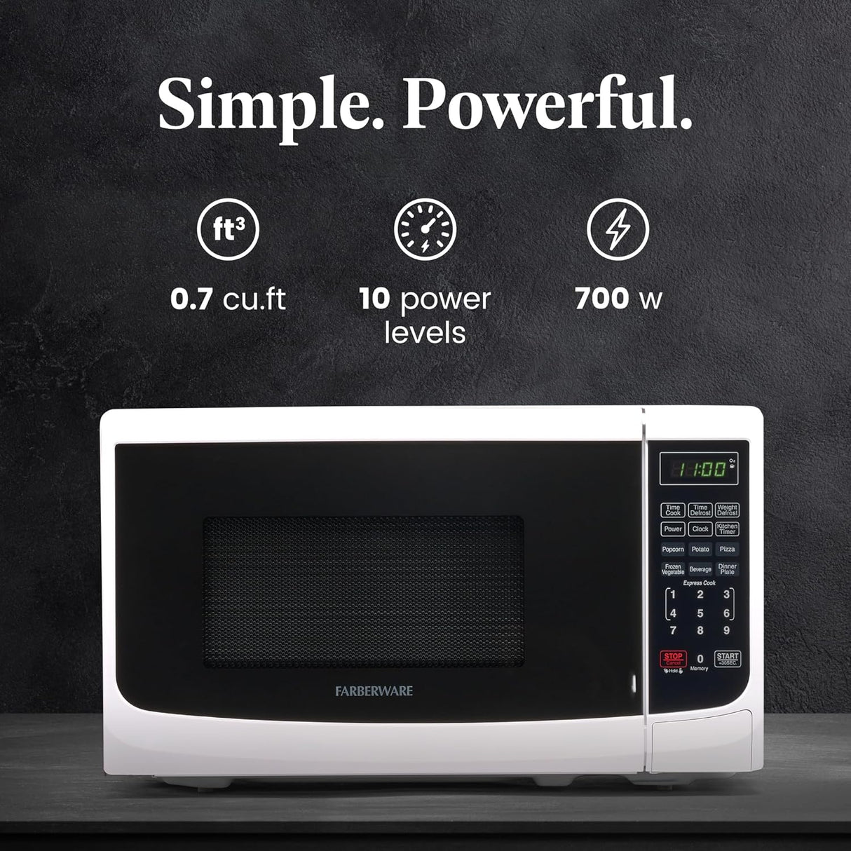 Microondas Farberware 700W, 0.7 Cu. Ft., Interior fácil de limpiar