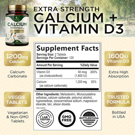 Suplemento Calcio 1200 mg con vitamina D3 apoyo óseo