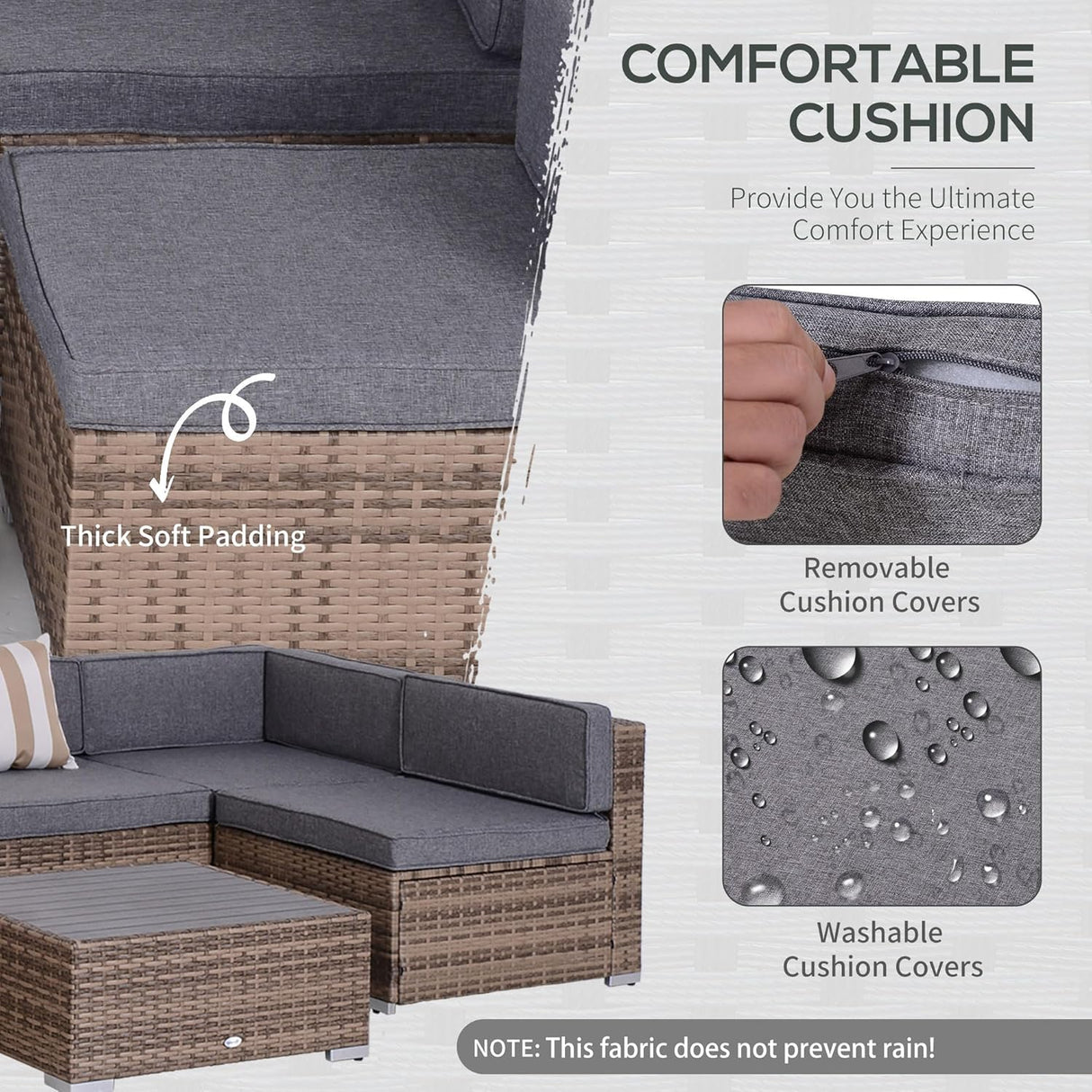 Outsunny Juego de muebles de patio de 7 piezas, juego de conversación de mimbre para exteriores, juego de sofá modular de ratán PE para todo tipo de clima, con cojines y mesa de madera sintética, almohadas a rayas, gris