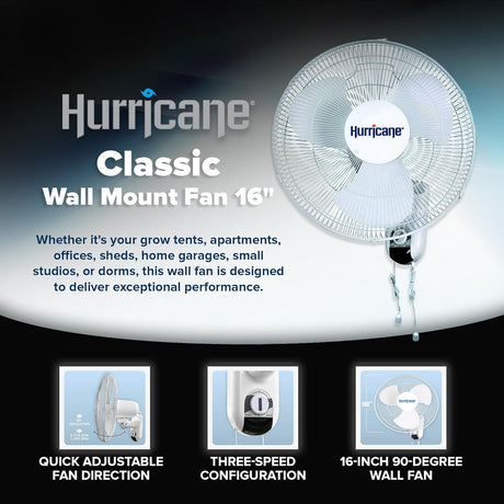 Ventilador de Pared Hurricane, Oscilante 90° 3 Velocidades 16