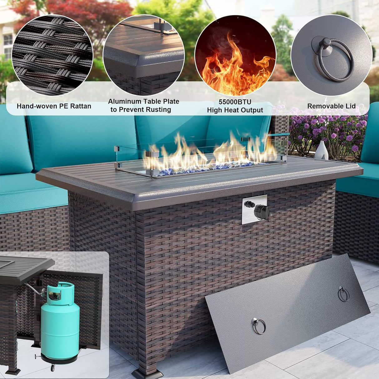 ALAULM Juego de 15 muebles de patio al aire libre con mesa para fogata de propano, juegos de sofás seccionales para exteriores, muebles de patio, fogata de gas de 43 pulgadas, juego de conversación de ratán de polietileno marrón con 12 cojines (azul)
