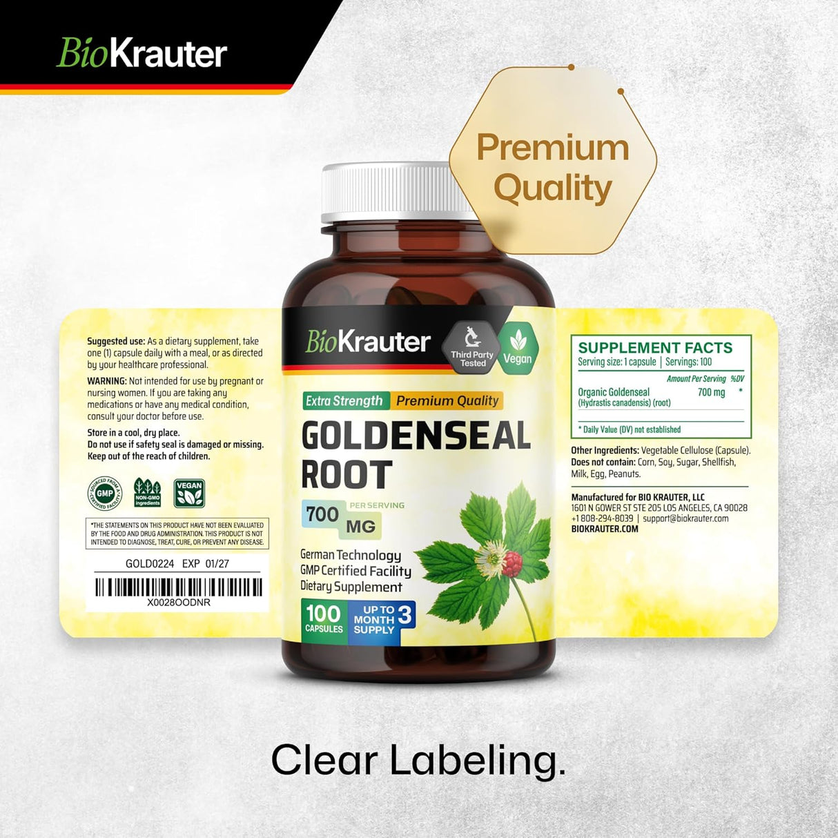 Suplemento de raíz Goldenseal orgánicas de sello de oro 100u