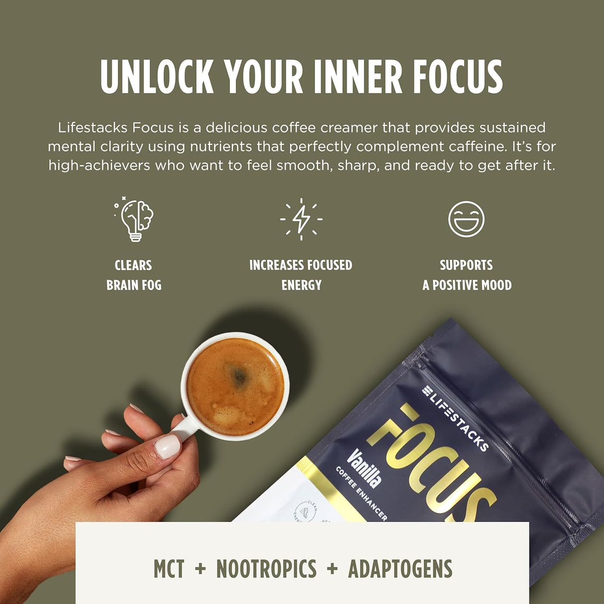 Focus Coffee Creamer, Energía y Claridad, MCT, Nootropics, Vegan