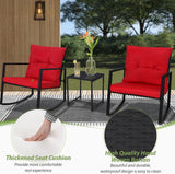 SUNCROWN Juego de 3 piezas de bistró mecedora para exteriores, muebles de mimbre negro, sillas de porche, juegos de conversación con mesa de café de cristal, color rojo