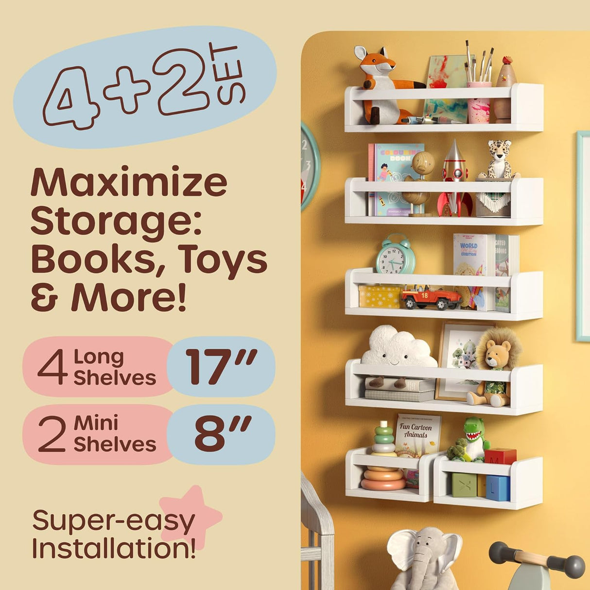 Estante de Libros Flotante para Niños, 4+2 Estantes, 6 en 1