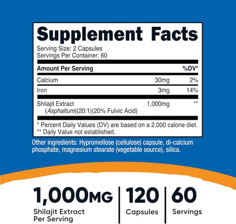 Cápsulas de Shilajit Nutricost 1000mg, 120 cápsulas