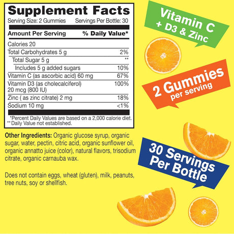 Suplementos Gomitas orgánicas de vitamina C + D3 + zinc 60u