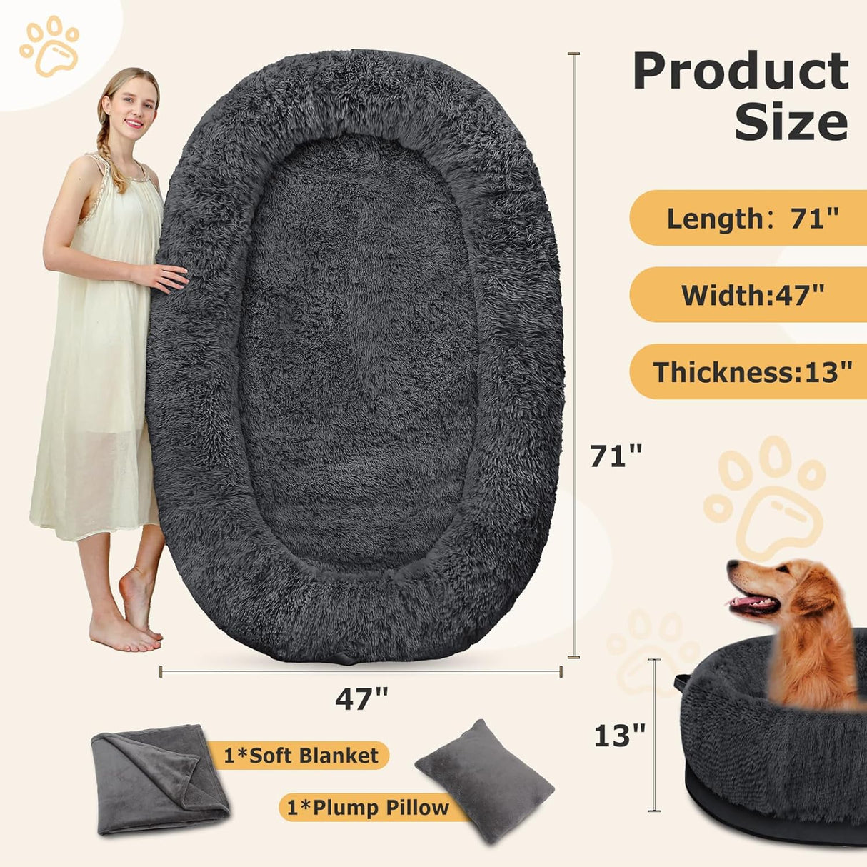 Cama para humanos SWITTE, tamaño grande, 71x47x13, lavable