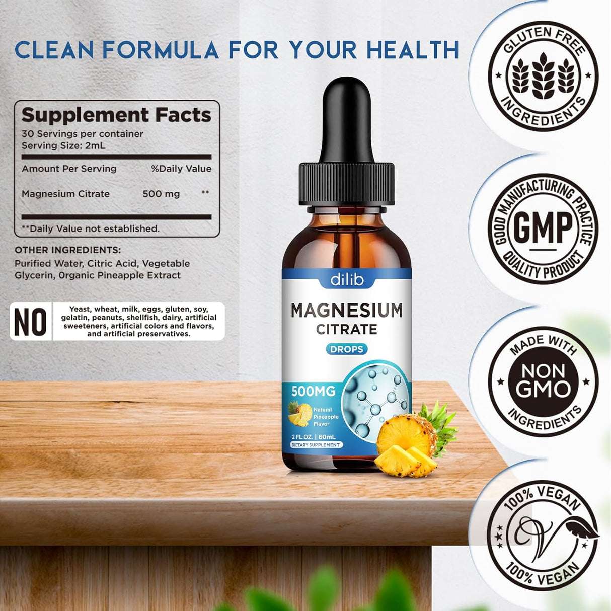 Citrato de Magnesio Líquido Vegano 500mg - Relajación, Sueño, Huesos, Músculos, Ácido Pícnico 2 oz