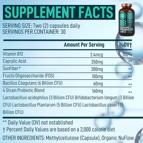 Vegan Probiotic Plus B12 - 22B CFU, Prebiotics, Digestión