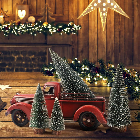 Mini Árbol de Navidad, Base de Madera, 4 Piezas, Decoración