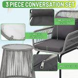 Wildformers Juego de 3 piezas de mimbre de mimbre, juego de conversación al aire libre, juego de muebles de mimbre con mesa superior de cristal, ahorro de espacio para balcón, patio trasero, gris