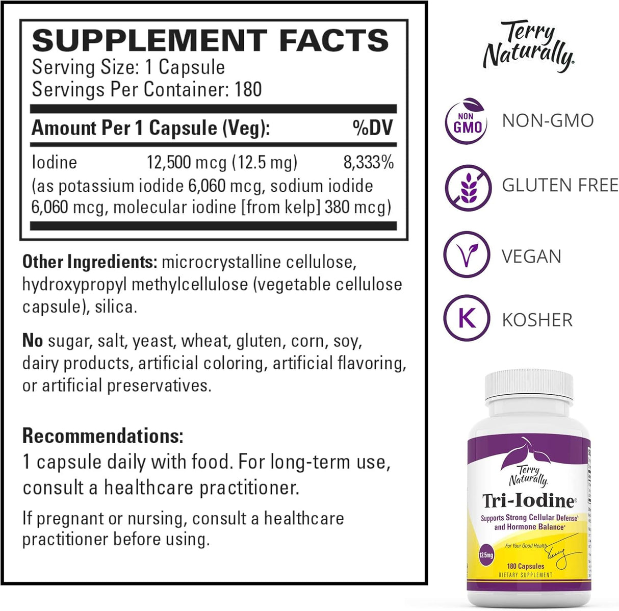 Suplemento Tri-Yodine 12,5 mg de yodo 180 cápsulas veganas