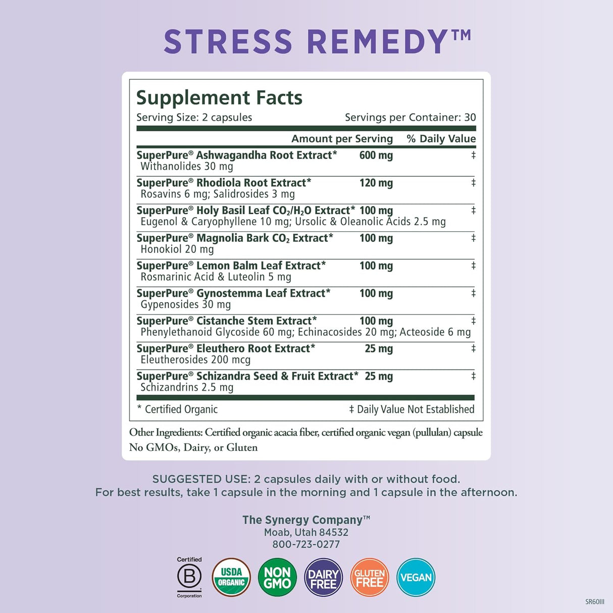 Suplemento Antiestrés PURE SYNERGY con Ashwagandha, 60 Caps