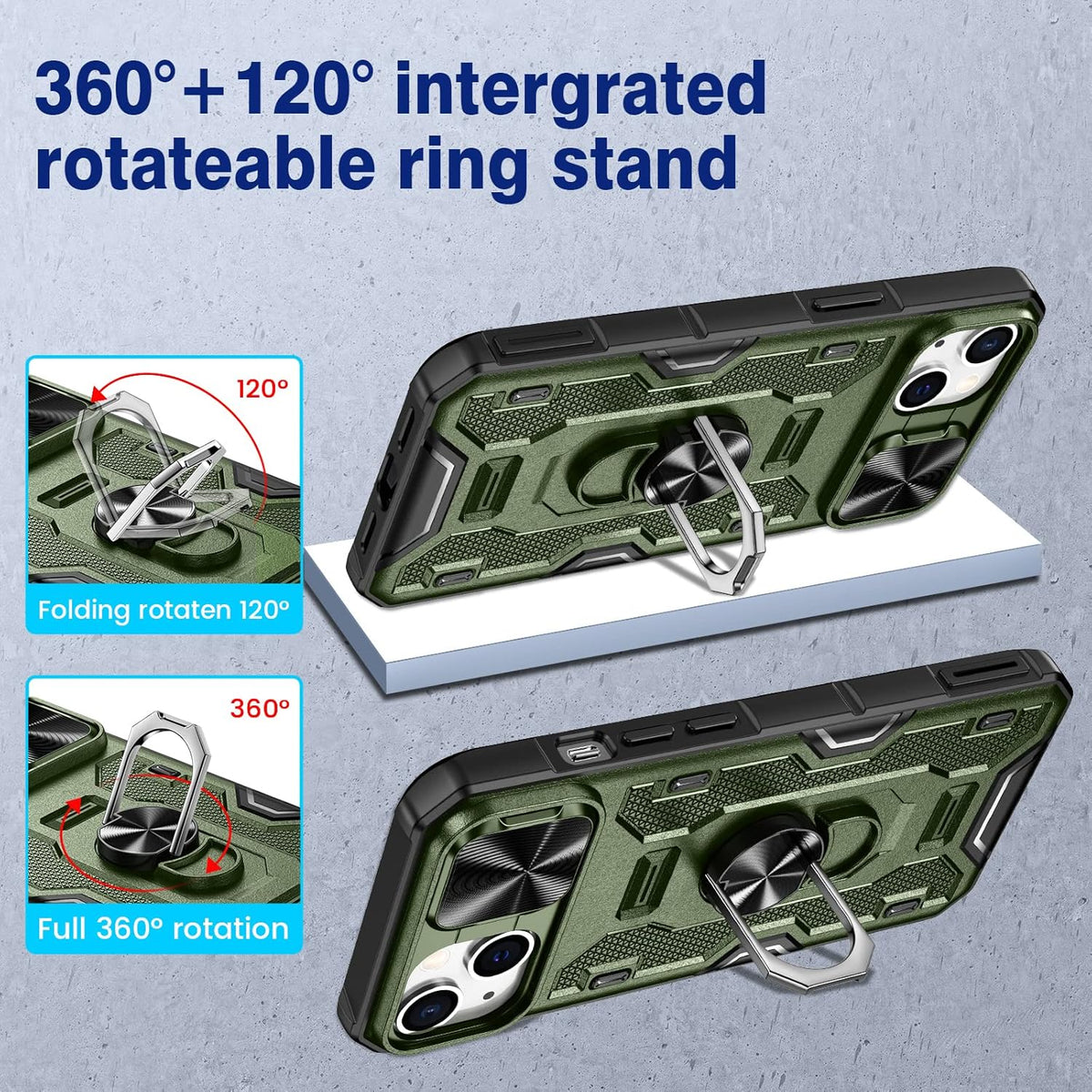 VEGO Funda para iPhone 13 con funda de clip para cinturón, cubierta deslizante para cámara y anillo magnético giratorio de 360°, soporte de grado militar, protección resistente para iPhone 13 de 6.1 pulgadas, color verde oscuro
