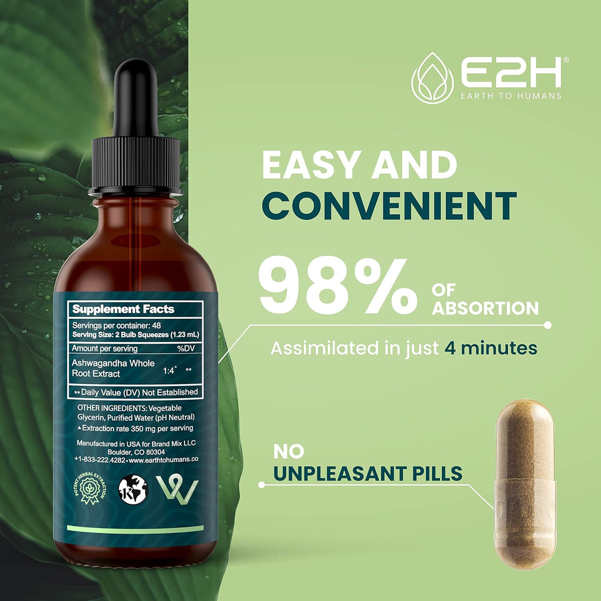 Gotas de Ashwagandha E2H - Suplemento Natural 2 Fl Oz