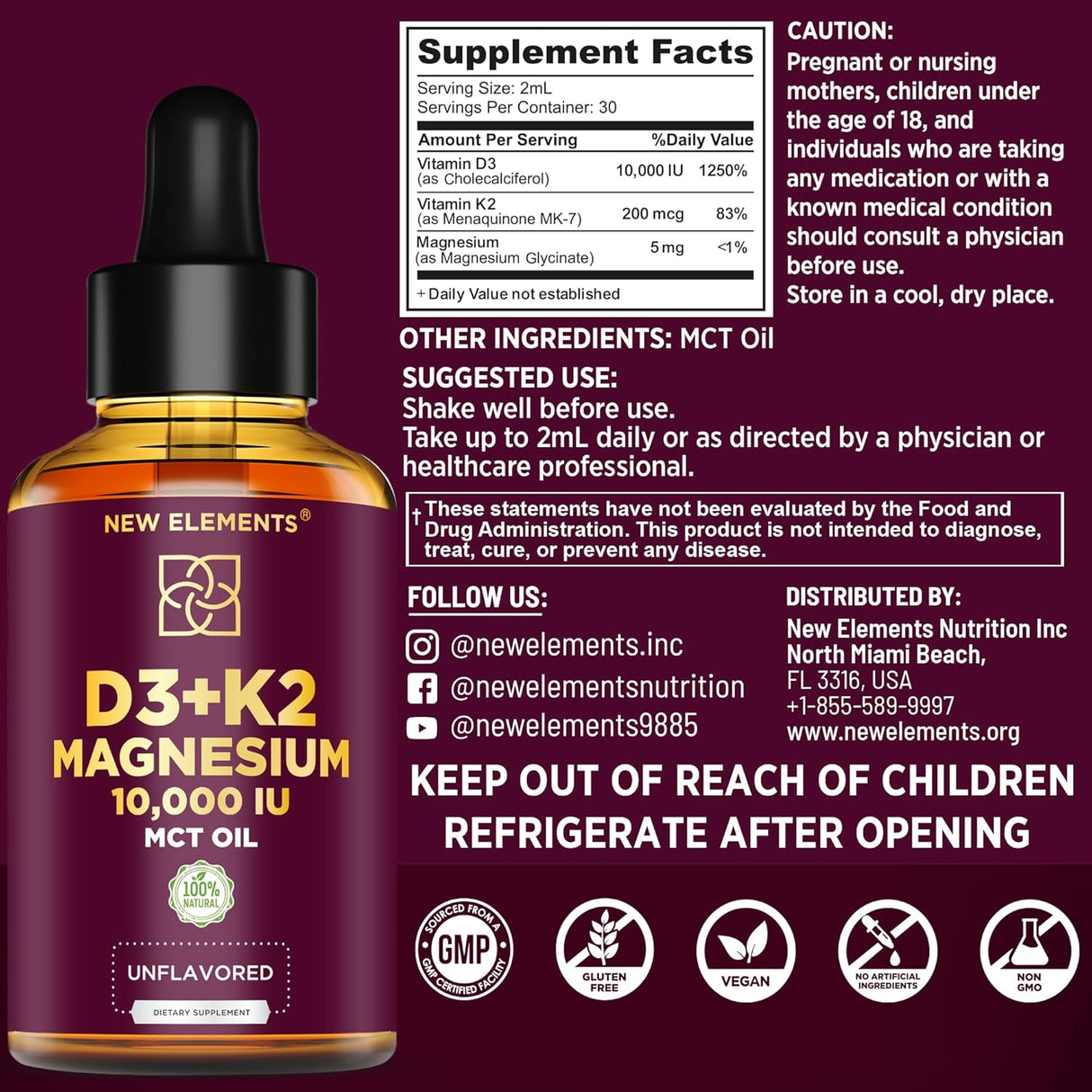 Vit D3 K2 Líquido 10000IU, Magnesio Glyc 5mg, MK7 100mcg