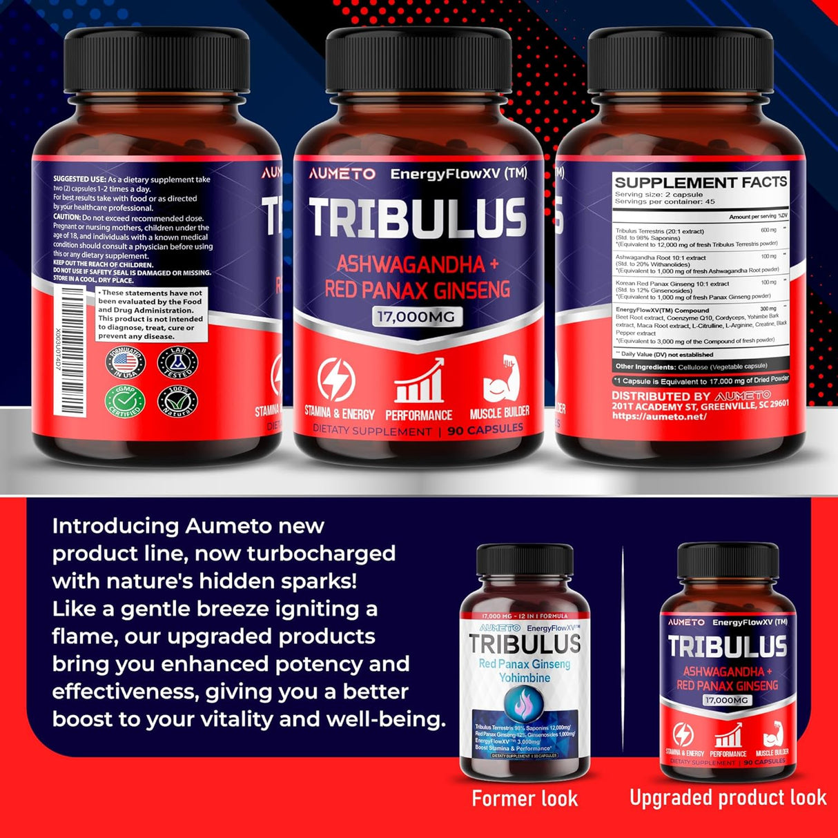 Suplemento Tribulus Terrestris 98%  Ashwagandha 17,000 mg