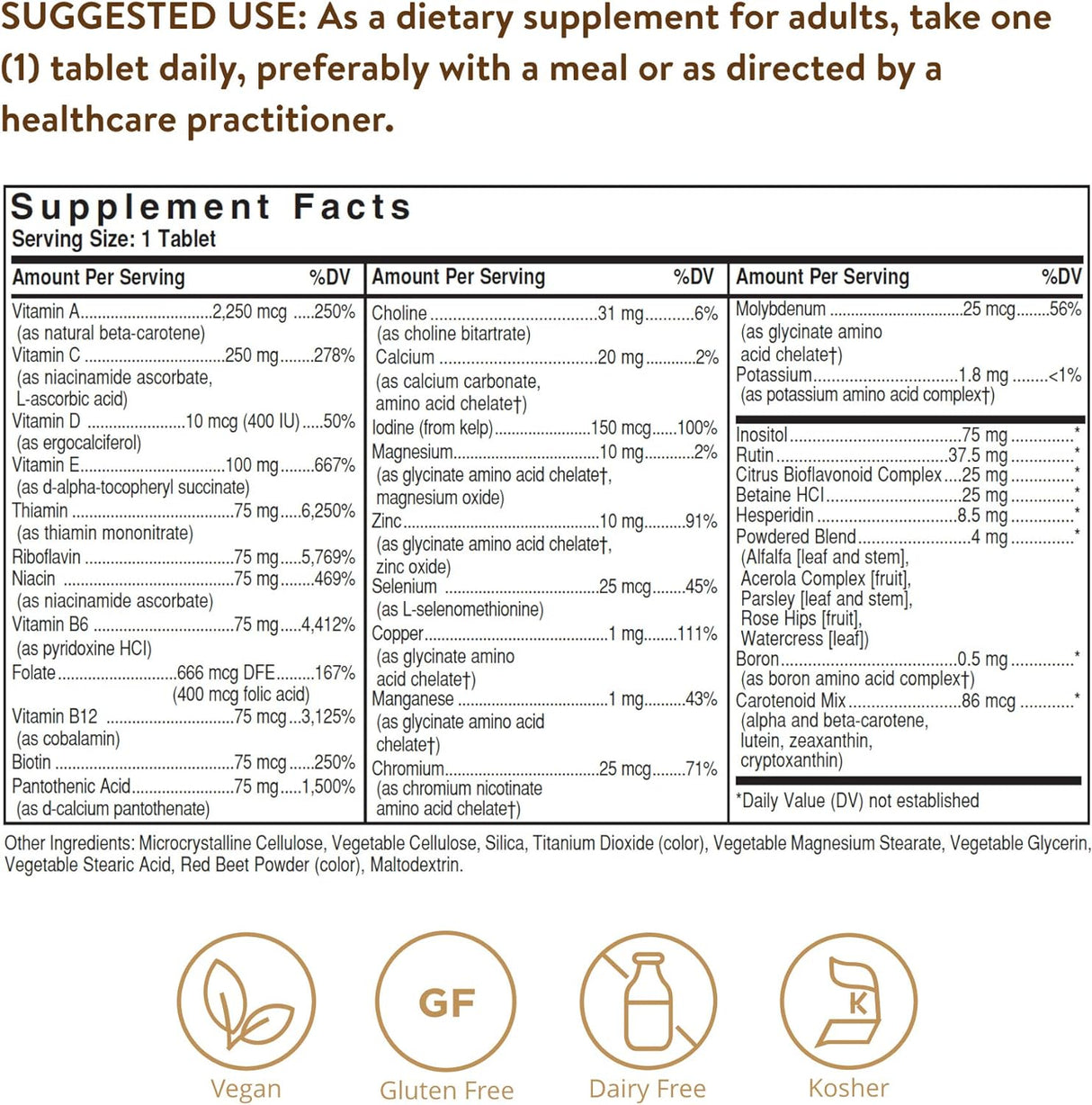 Solgar VM-75 Multivitamínico Vegano, 180 Tabletas Sin Hierro