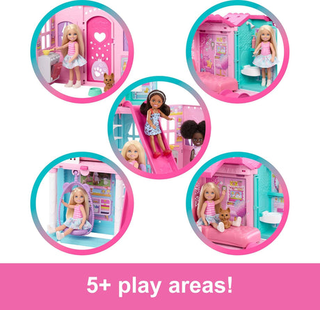 Casa de Muñecas Barbie Chelsea con 15+ accesorios, 5 áreas y tobogán