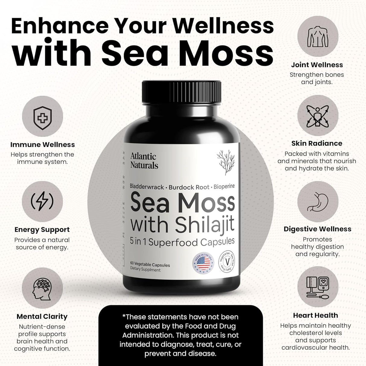 Atlántic Naturals Cápsulas de Sea Moss con Shilajit 5 en 1 60 c