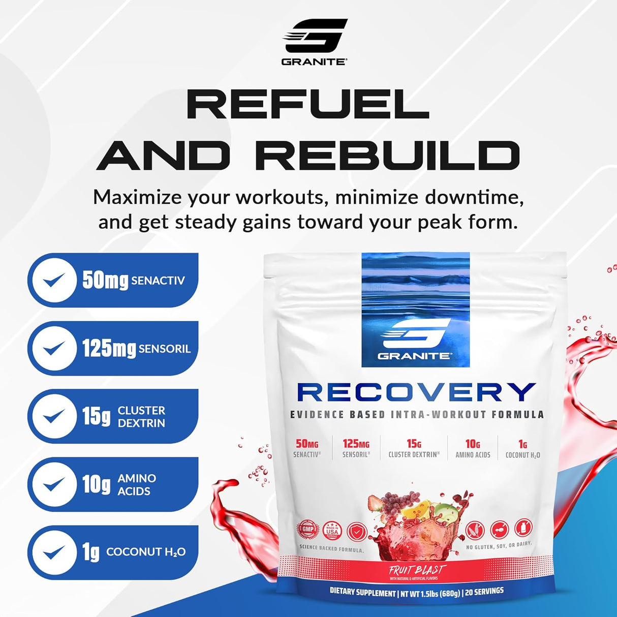 Granite Nutrition Recovery Bebida Intra-Workout EAAs, Dextrin, Sensoril (30)